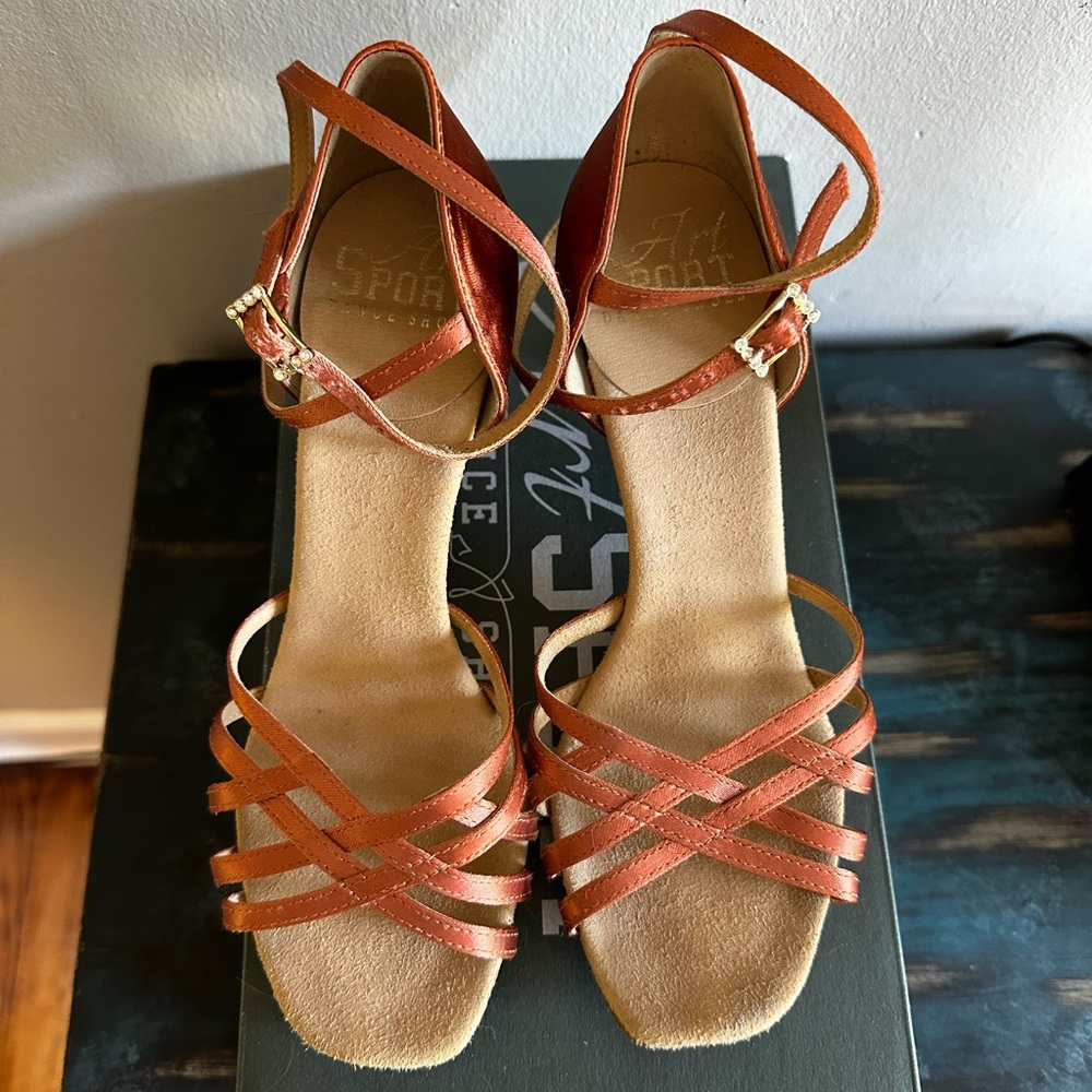 Ray Rose Latin Dance Shoes Art Sport Kalahari 860, Dark Tan Satin 2” Flared Heel